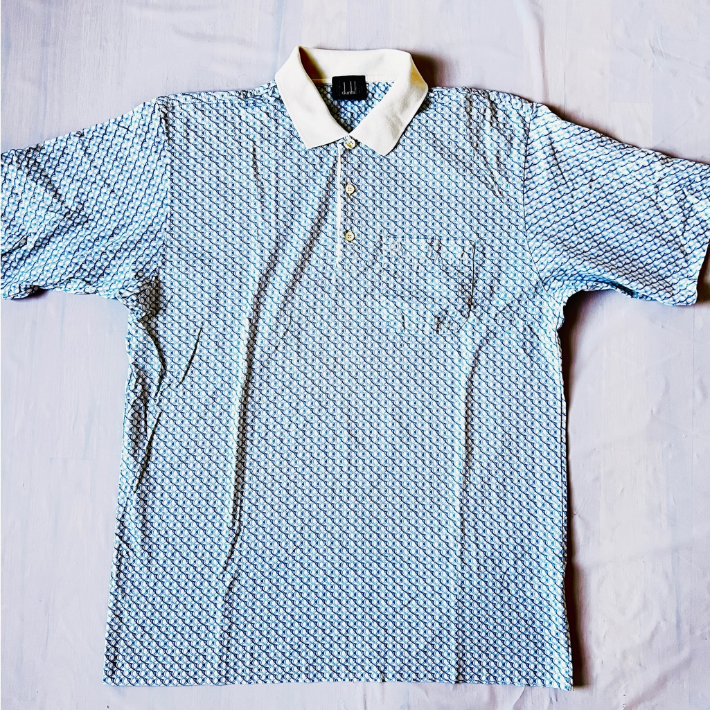 Dunhill Mercerized Cotton Polo Shirt Blue Geometric Logo Italy Vtg Pocket Men Xl